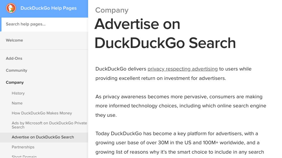 Screenshot of help.duckduckgo.com: DuckDuckGo owns the #2 position in mobile market share in the US