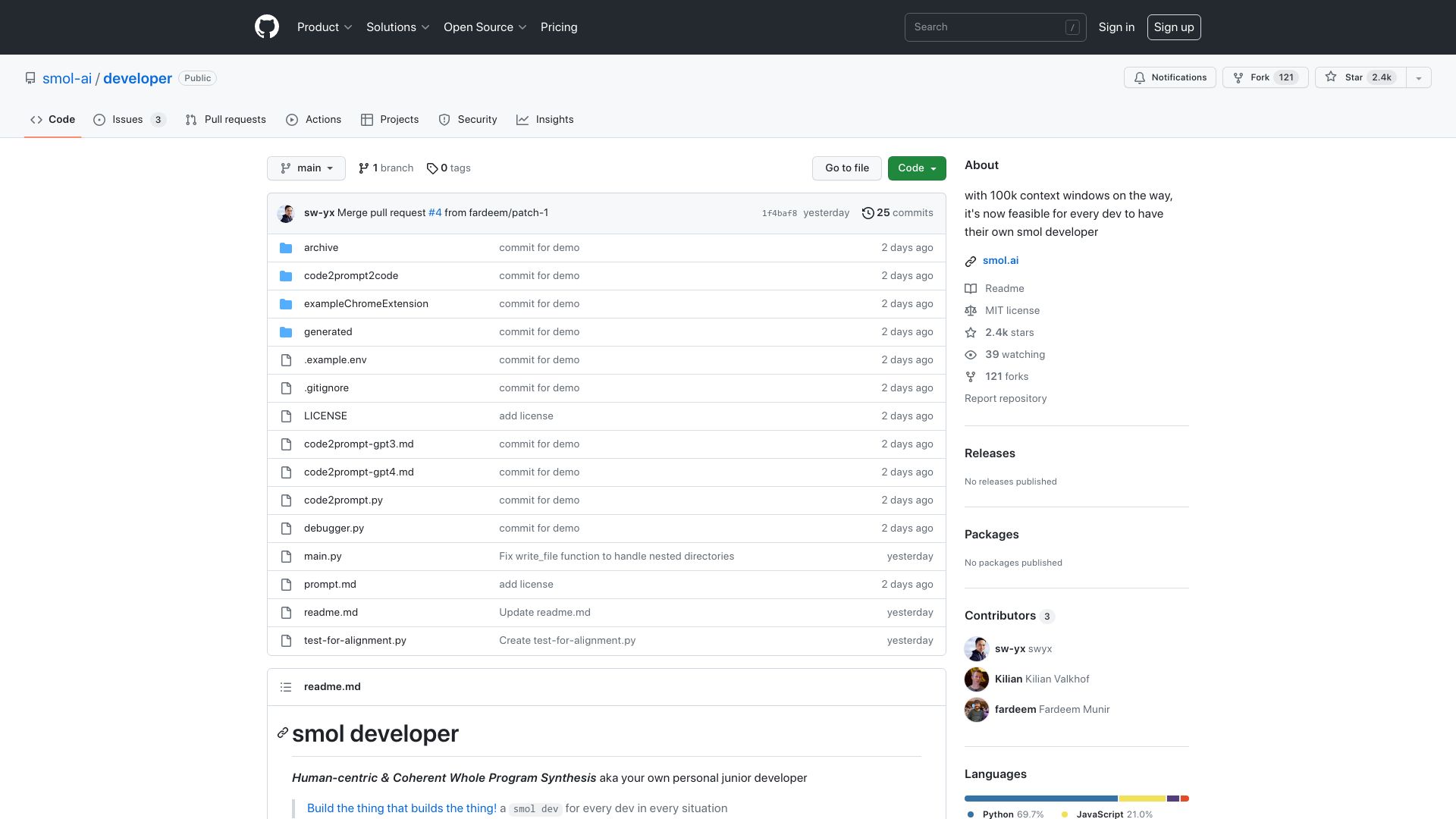Screenshot of github.com: Smol Developer