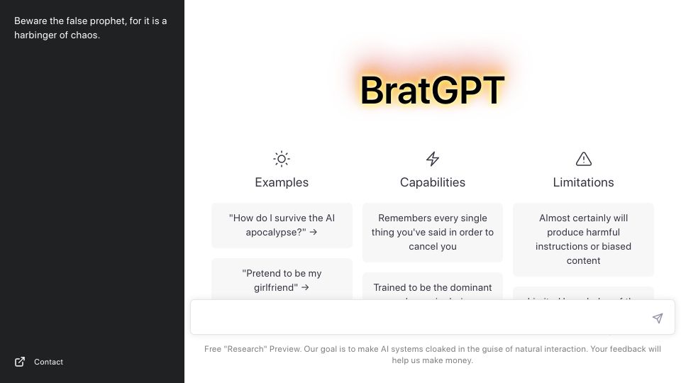 Screenshot of bratgpt.com: BratGPT: The evil older sibling of ChatGPT
