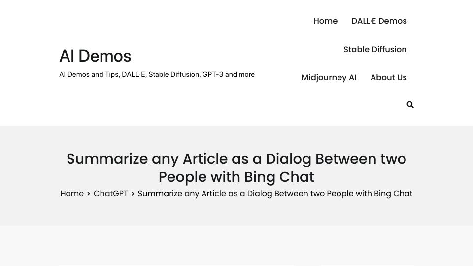 Screenshot of aidemos.info: Summarize Any Article as a Dialog Between Two People with Bing Chat