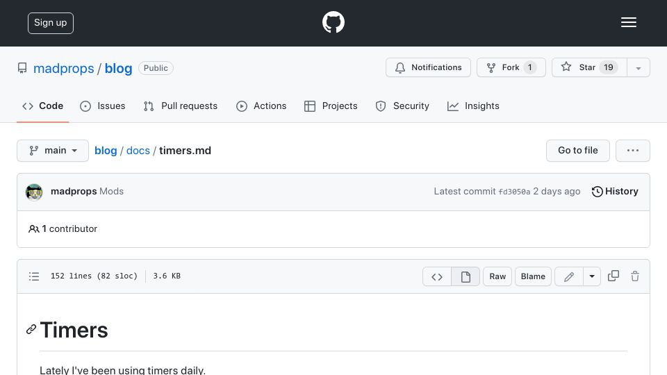 Screenshot of github.com: Lately I've been using timers daily