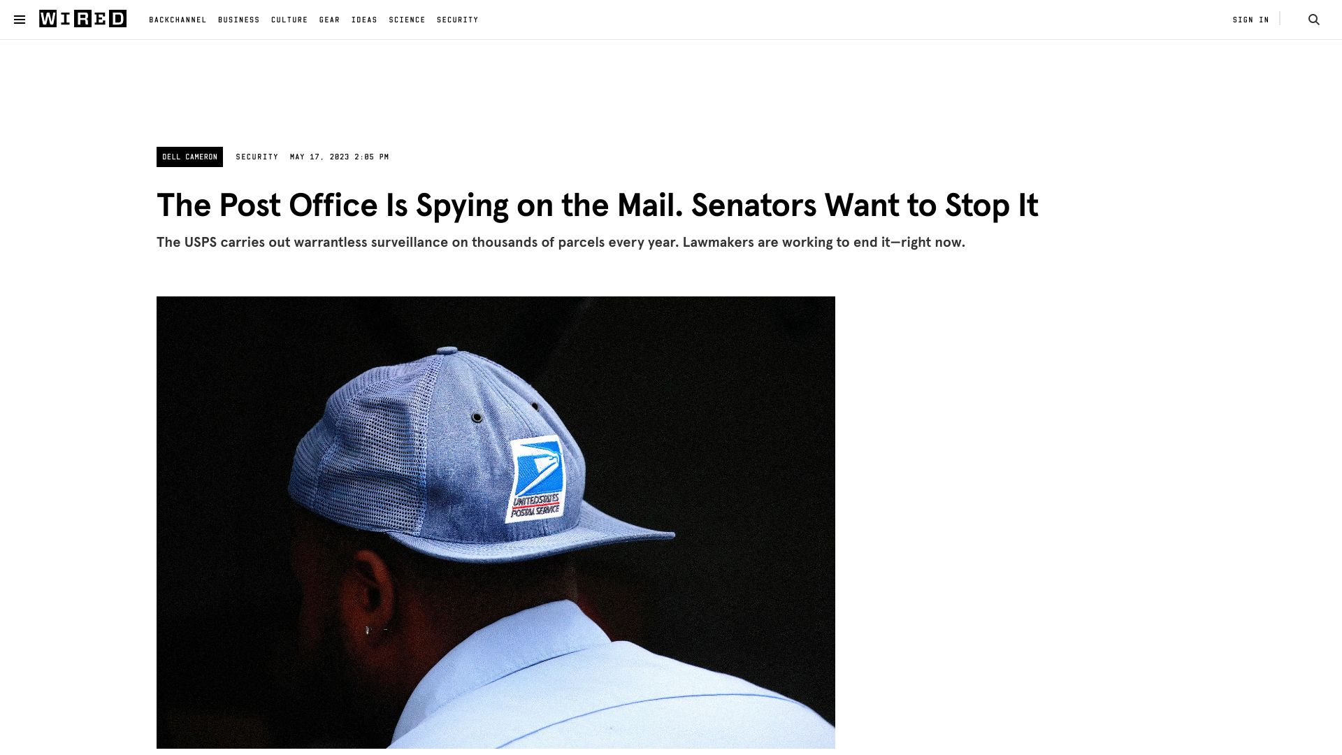 Screenshot of wired.com: The US post office is spying on the mail – senators want to stop it