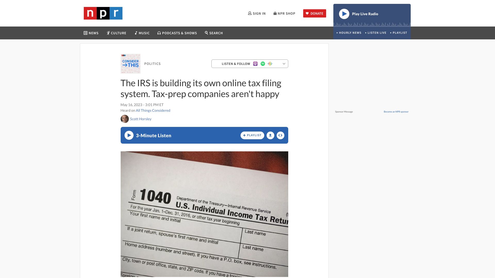 Screenshot of npr.org: The IRS is building its own online tax filing system