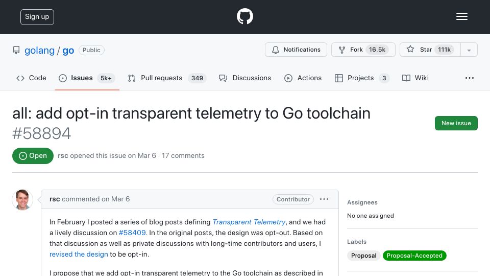 Screenshot of github.com: Add opt-in transparent telemetry to Go toolchain