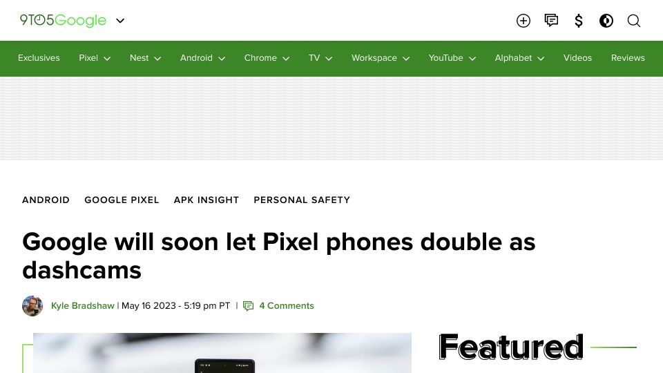 Screenshot of 9to5google.com: Google will soon let Pixel phones double as dashcams