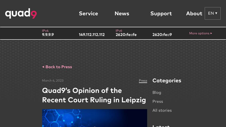 Screenshot of quad9.net: Quad9’s Opinion of the Recent Court Ruling in Leipzig