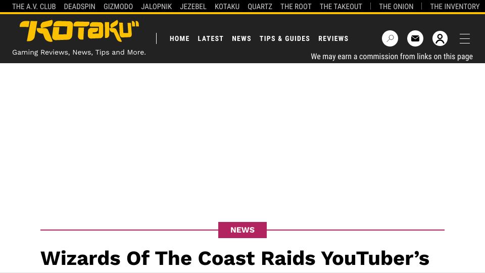 Screenshot of kotaku.com: Wizards of the Coast Raids YouTuber’s House to Take Back Magic Cards