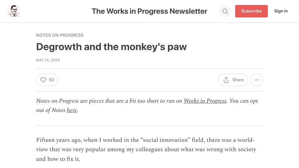 Screenshot of worksinprogress.news: Degrowth and the monkey's paw