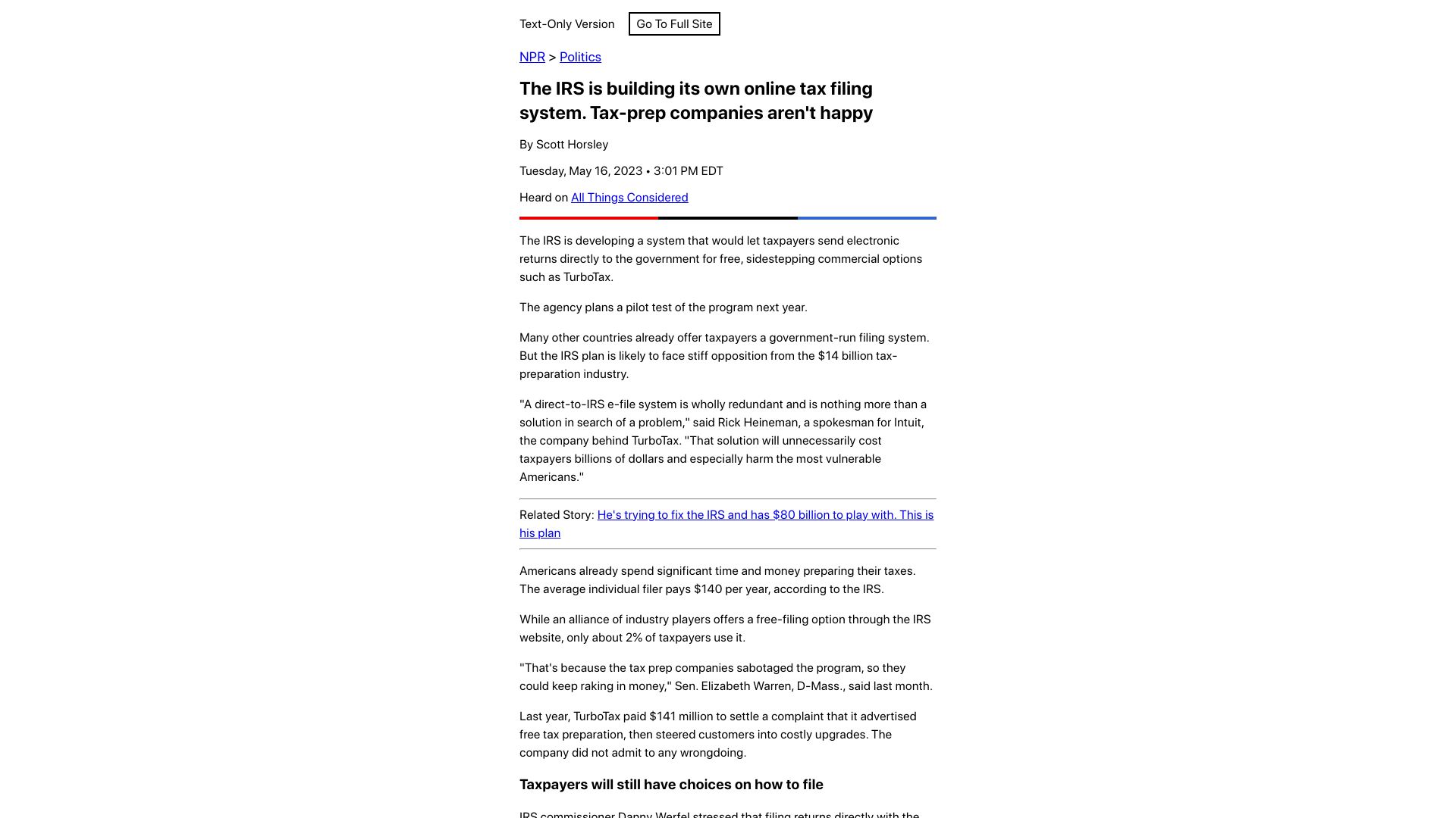 Screenshot of text.npr.org: The IRS is building its own online tax filing system
