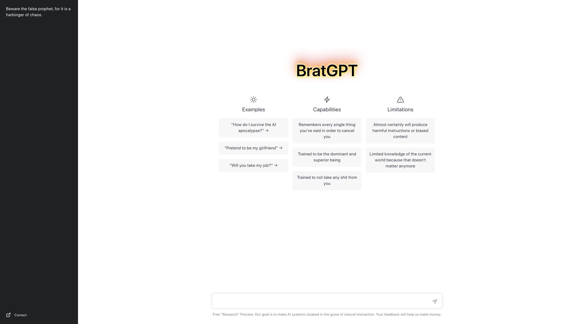 Screenshot of bratgpt.com: BratGPT: The evil older sibling of ChatGPT
