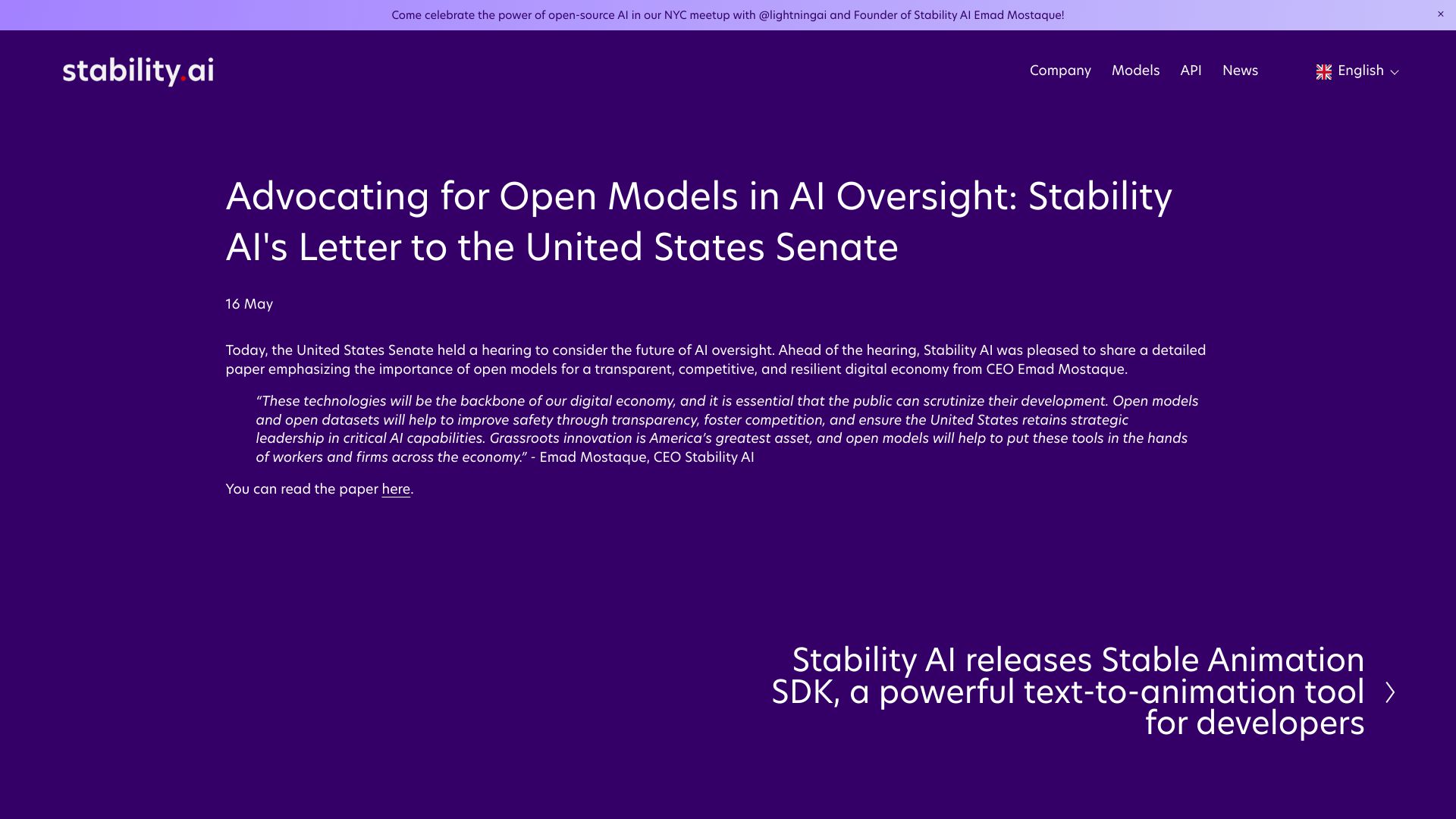 Screenshot of stability.ai: Advocating for Open Models in AI Oversight: Stability AI's Letter to U.S. Senate
