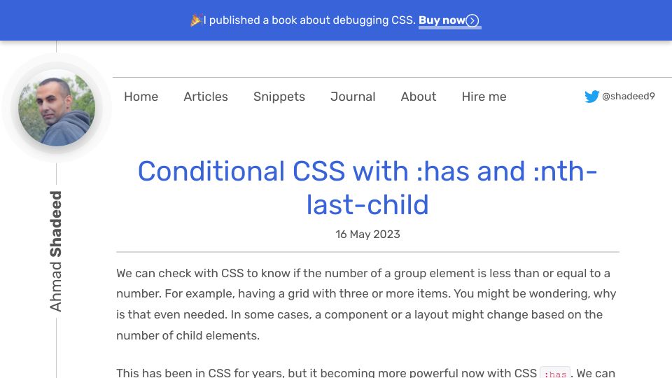 Screenshot of ishadeed.com: Conditional CSS with:has and:nth-last-child