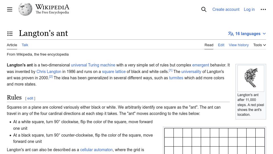 Screenshot of en.wikipedia.org: Langton’s ant