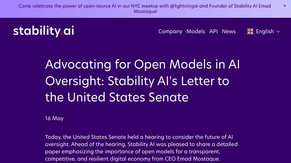 Screenshot of stability.ai: Advocating for Open Models in AI Oversight: Stability AI's Letter to U.S. Senate