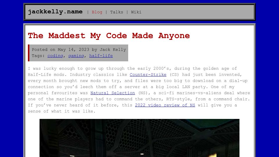 Screenshot of jackkelly.name: The Maddest My Code Made Anyone