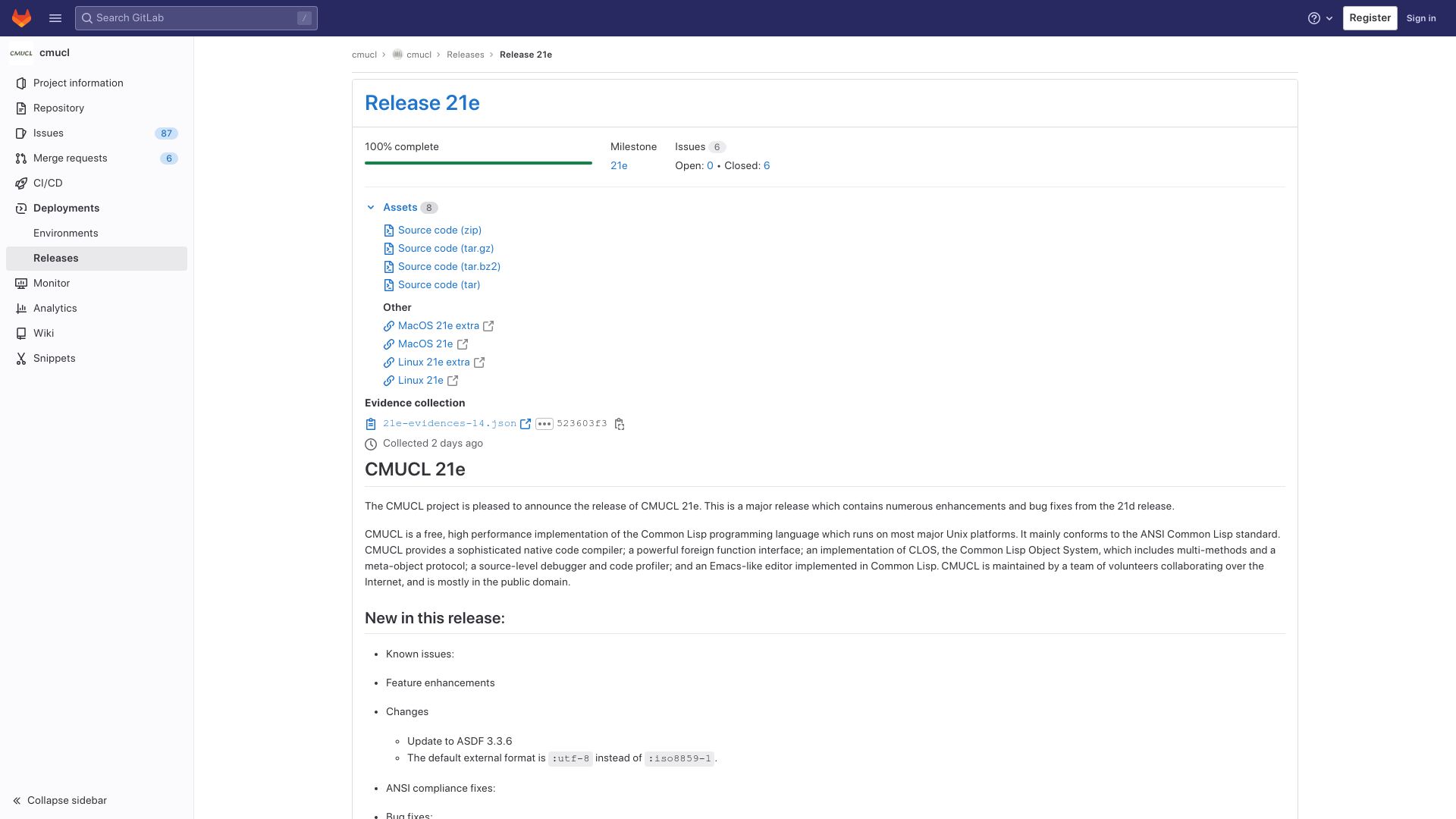 Screenshot of gitlab.common-lisp.net: CMU Common Lisp 21e