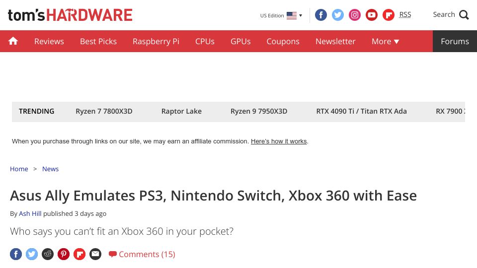 Screenshot of tomshardware.com: Asus Ally Emulates PS3, Nintendo Switch, Xbox 360 with Ease