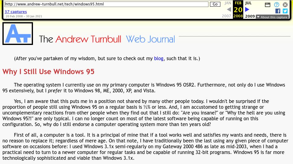 Screenshot of web.archive.org: I Still Use Windows 95 (2008)
