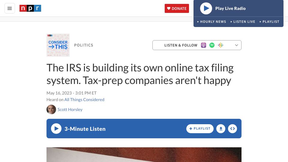 Screenshot of npr.org: The IRS is building its own online tax filing system