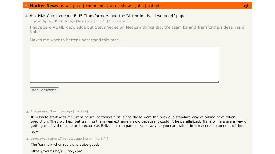 Screenshot of Hacker News post: Ask HN: Can someone ELI5 transformers and the “Attention is all we need” paper?