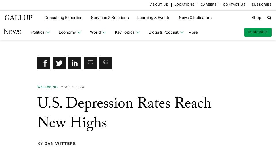 Screenshot of news.gallup.com: U.S. Depression Rates Reach New Highs