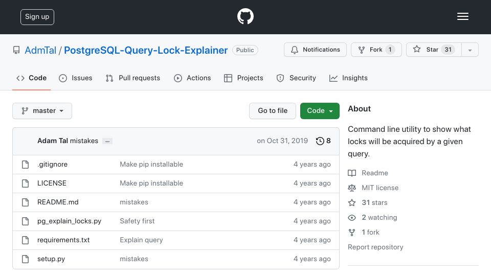 Screenshot of github.com: Show HN: Postgres query lock explainer
