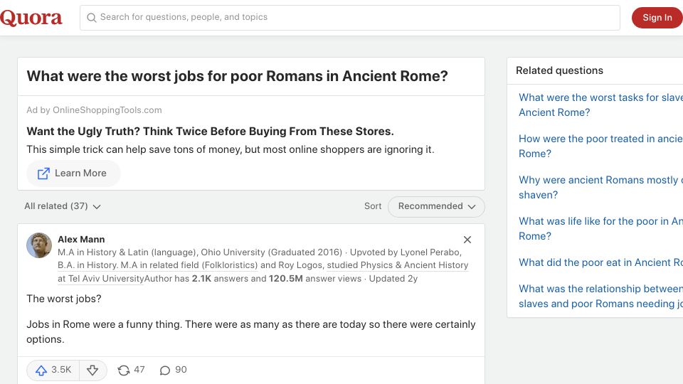 Screenshot of quora.com: What were the worst jobs for poor Romans in Ancient Rome?