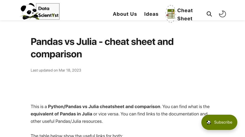 Screenshot of datascientyst.com: Pandas vs. Julia – cheat sheet and comparison