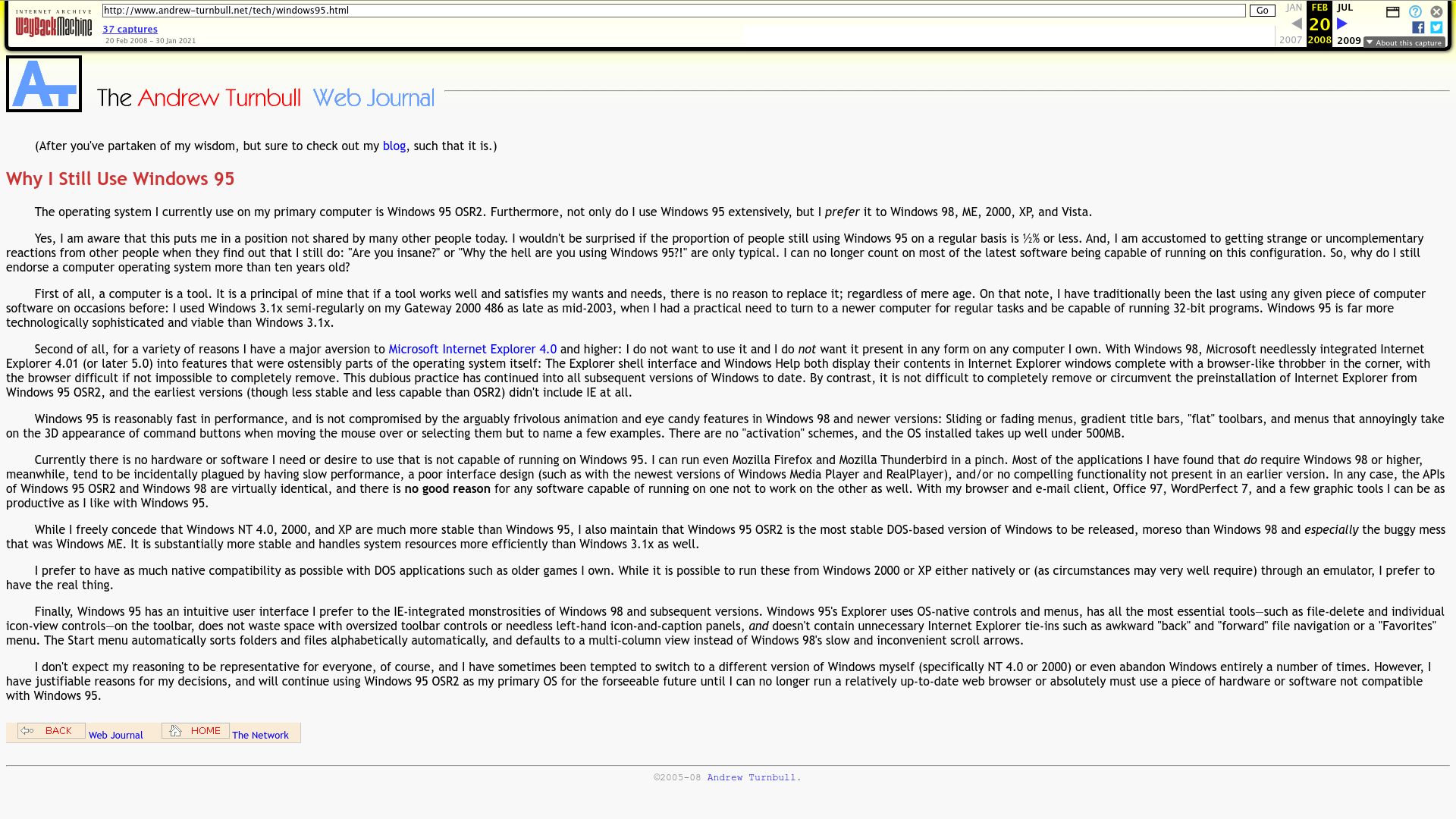 Screenshot of web.archive.org: I Still Use Windows 95 (2008)
