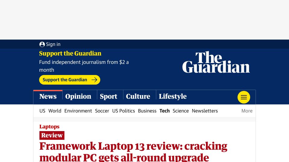 Screenshot of theguardian.com: Framework Laptop 13 Review