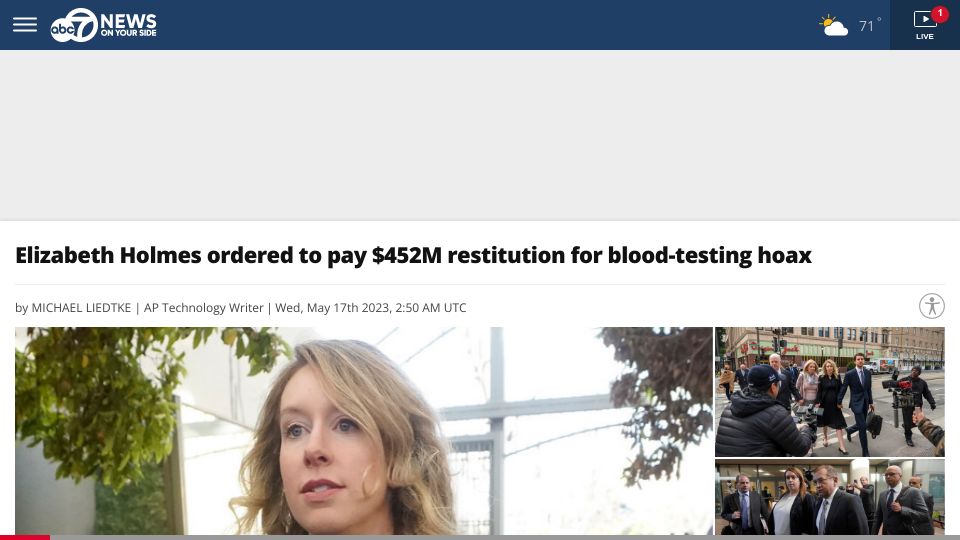Screenshot of wjla.com: Elizabeth Holmes ordered to pay $452M restitution