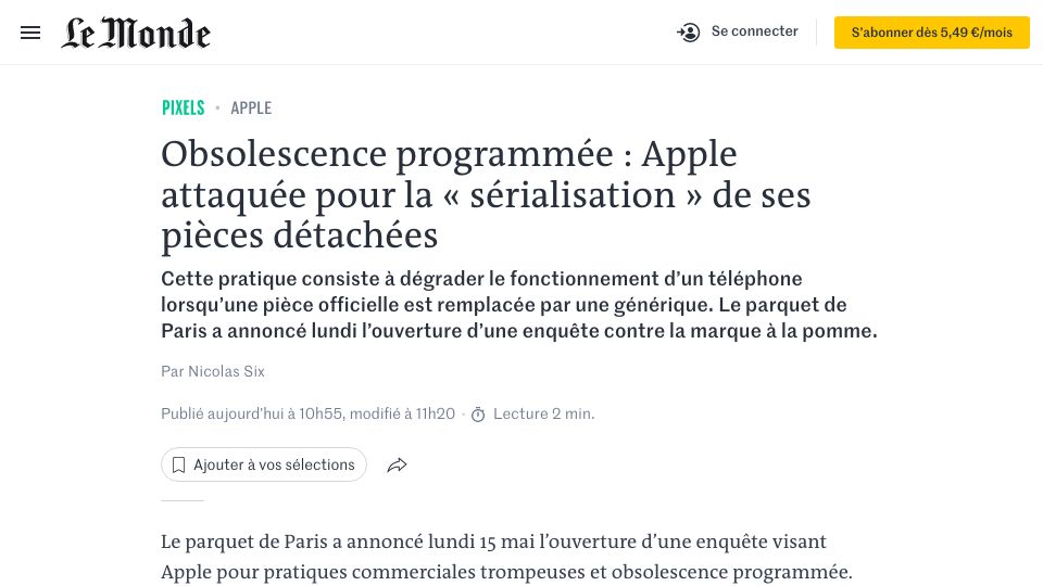 Screenshot of lemonde.fr: Planned obsolescence: Apple attacked for the “serialization” of its spare parts
