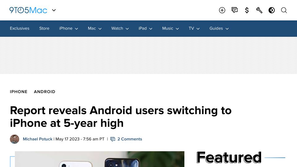 Screenshot of 9to5mac.com: Report reveals Android users switching to iPhone at 5-year high