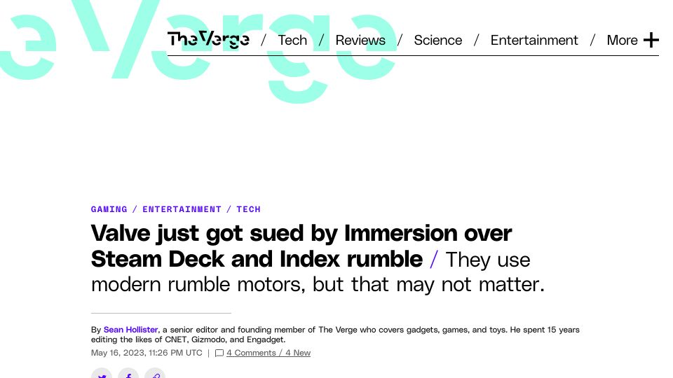 Screenshot of theverge.com: Valve Sued by Immersion over Steam Deck and Index Rumble