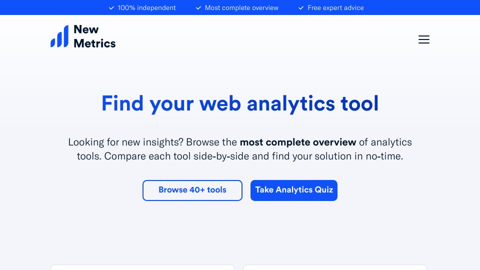 Screenshot of newmetrics.io: Comparison site for digital analytics tools