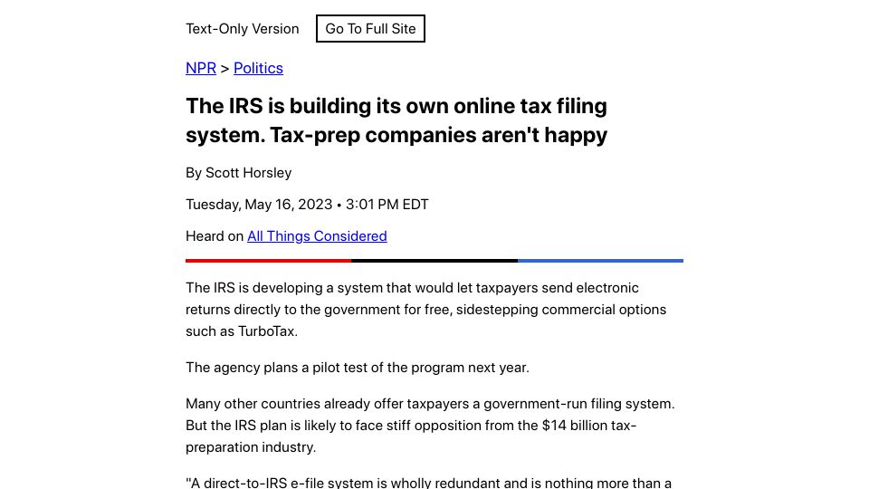 Screenshot of text.npr.org: The IRS is building its own online tax filing system