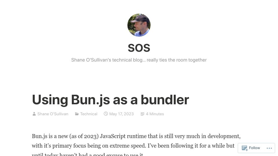 Screenshot of shaneosullivan.wordpress.com: Using Bun.js as a Bundler