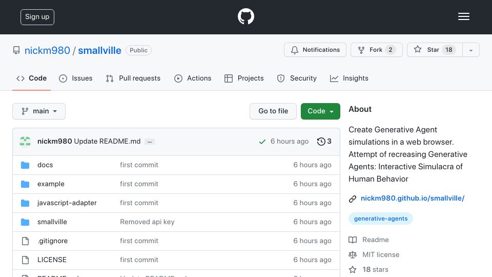 Screenshot of github.com: Show HN: Smallville – Create generative agents for simulations and games