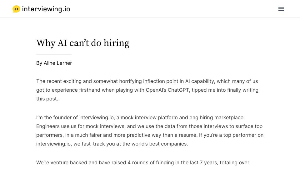 Screenshot of interviewing.io: AI can’t do hiring because it lacks the data
