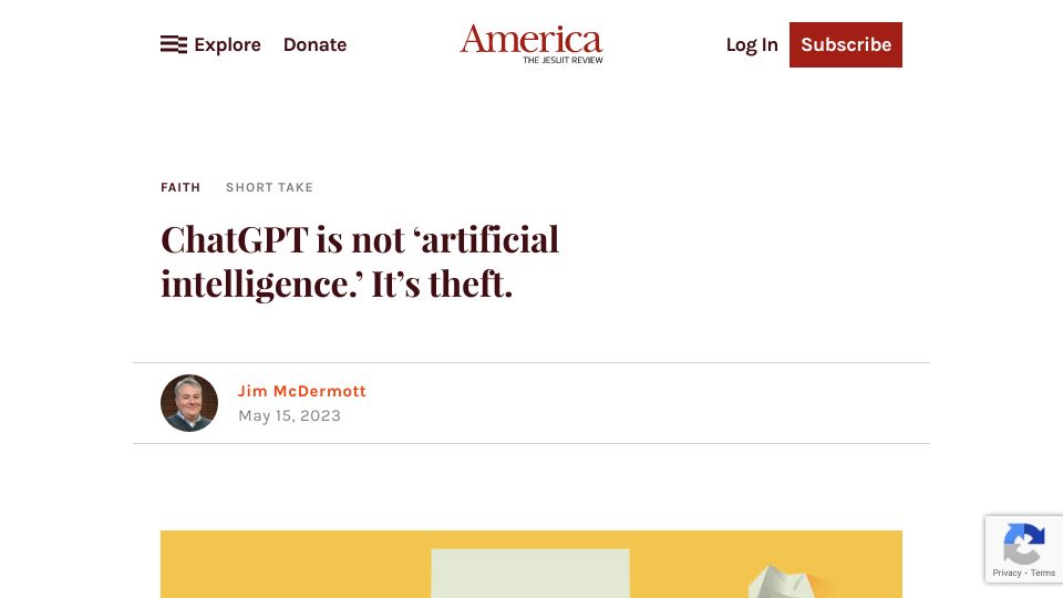 Screenshot of americamagazine.org: ChatGPT is not ‘artificial intelligence.’ It’s theft
