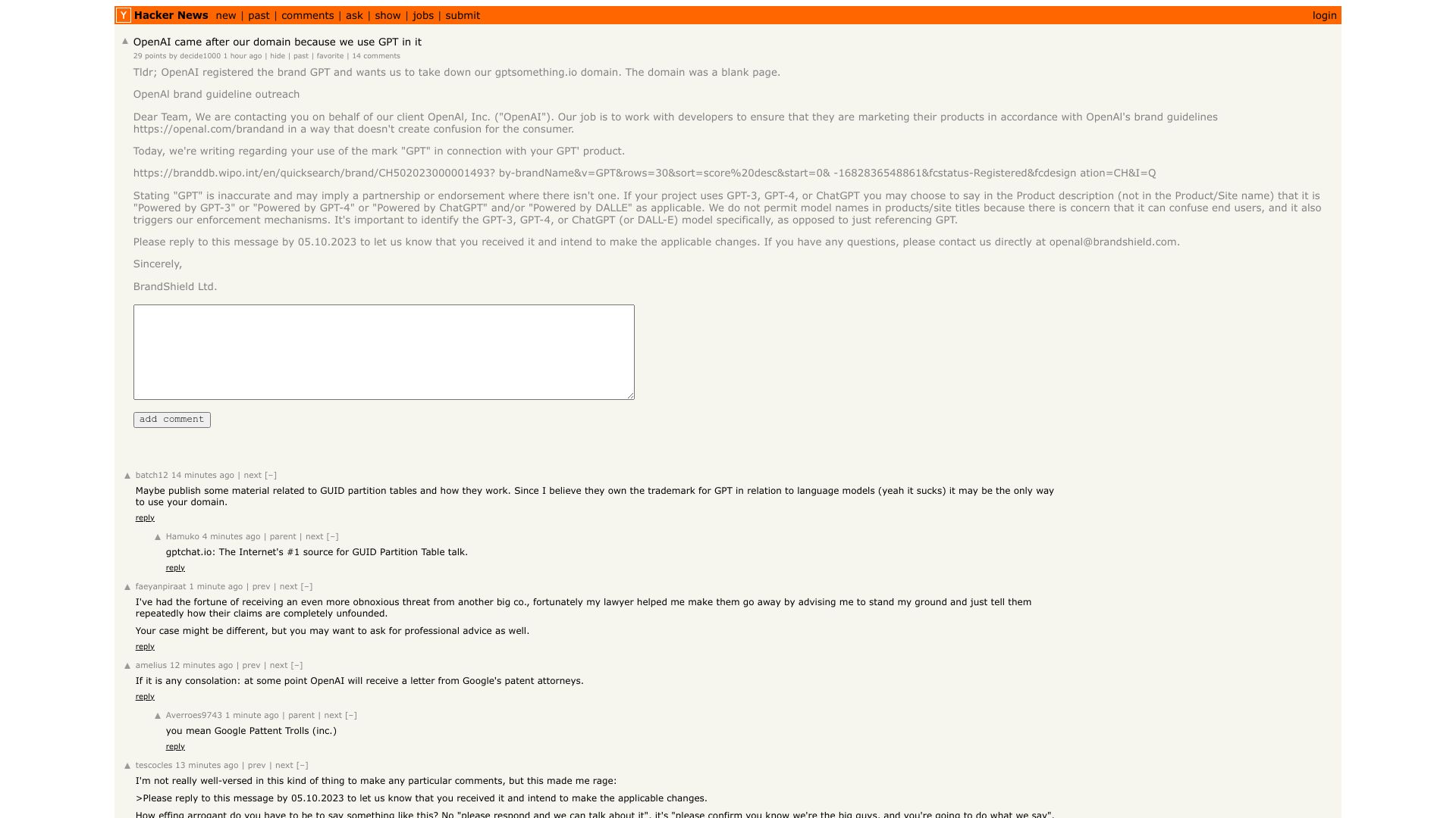 Screenshot of this Hacker News post: OpenAI came after our domain because we use GPT in it