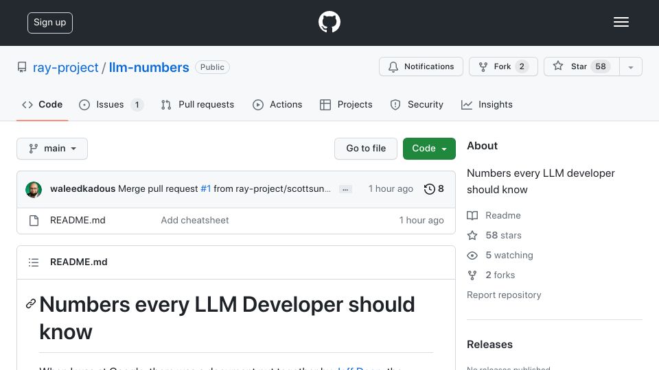 Screenshot of github.com: Numbers every LLM developer should know