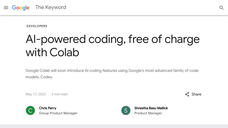 Screenshot of blog.google: Google Colab will soon introduce AI coding features
