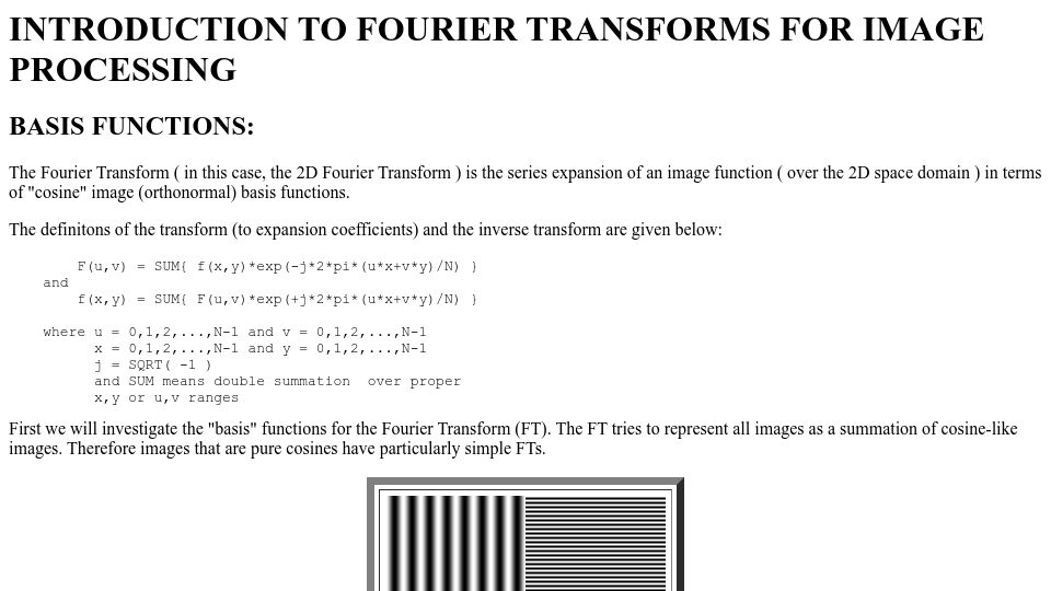 Screenshot of cs.unm.edu: Introduction to the Fourier transform for image processing