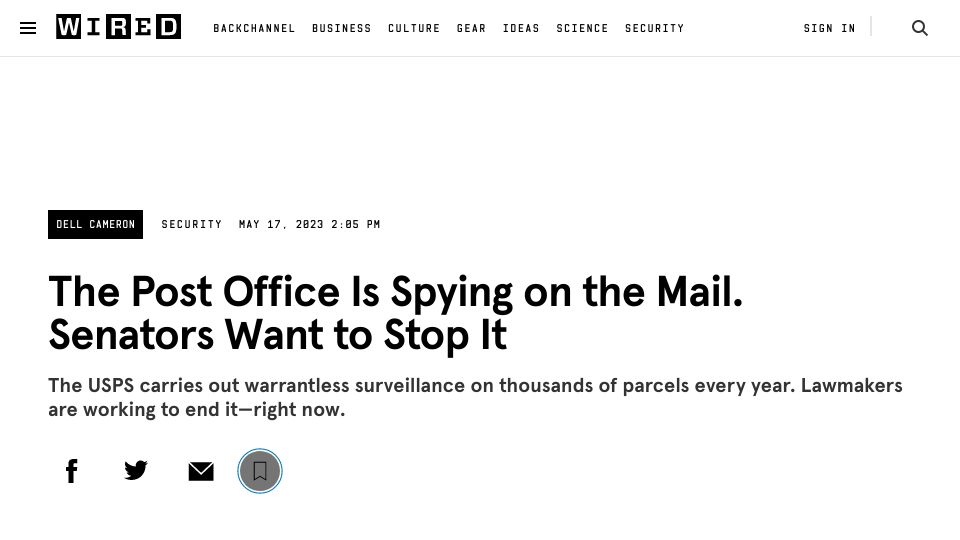 Screenshot of wired.com: The US post office is spying on the mail – senators want to stop it
