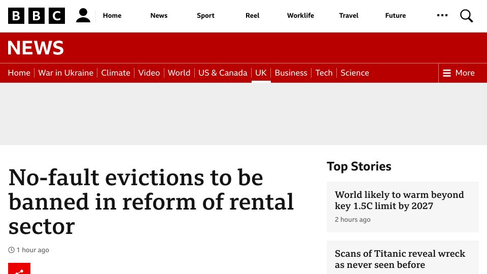 Screenshot of bbc.co.uk: UK: No-fault evictions to be banned in reform of rental sector
