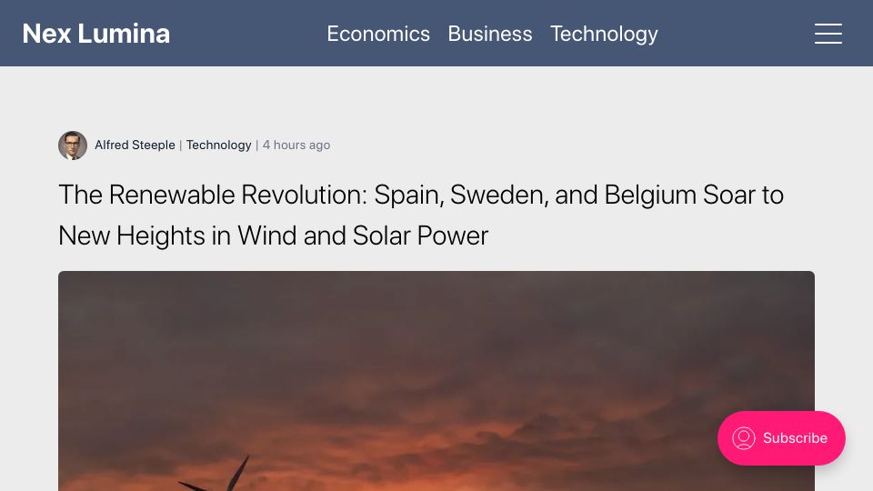 Screenshot of nexlumina.com: Spain, Sweden, and Belgium Soar to New Heights in Wind and Solar Power