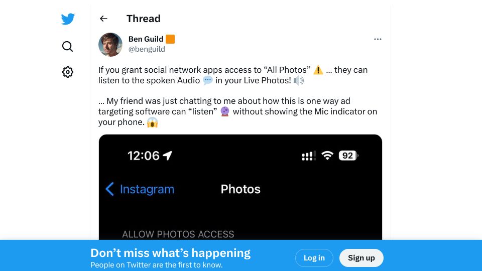 Screenshot of twitter.com: Social network ad targeting can “listen into” conversations using “live photos”
