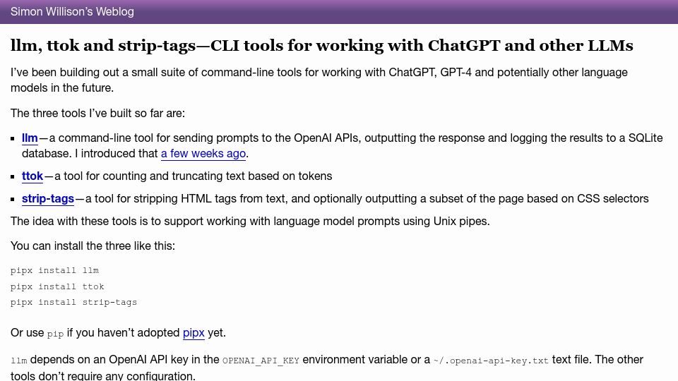 Screenshot of simonwillison.net: CLI tools for working with ChatGPT and other LLMs
