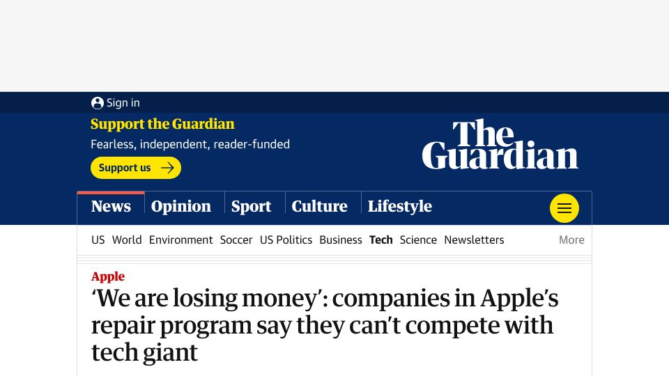 Screenshot of theguardian.com: Companies in Apple’s repair program say they can’t compete with tech giant